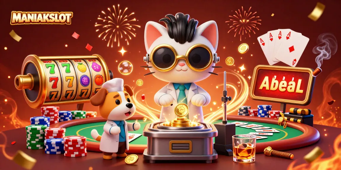 Experience thrilling wins with MANIAKSLOT's vibrant casino scene featuring lively characters and dynamic elements.