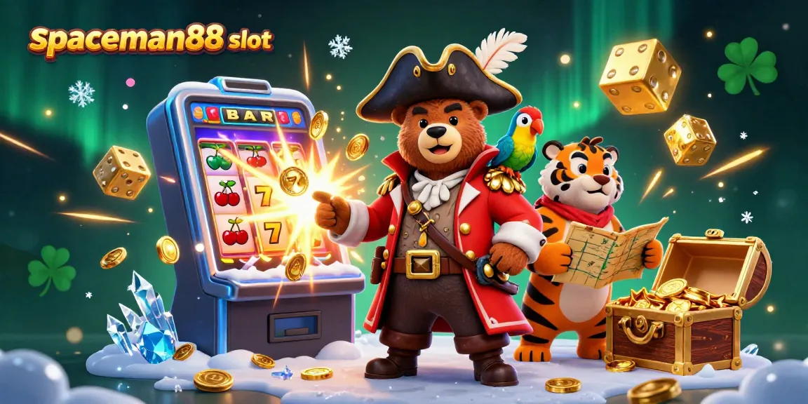 Experience the excitement of spaceman88 slot with a vibrant 3D scene featuring a pirate captain bear, tiger first mate, and treasure-filled slot machine.