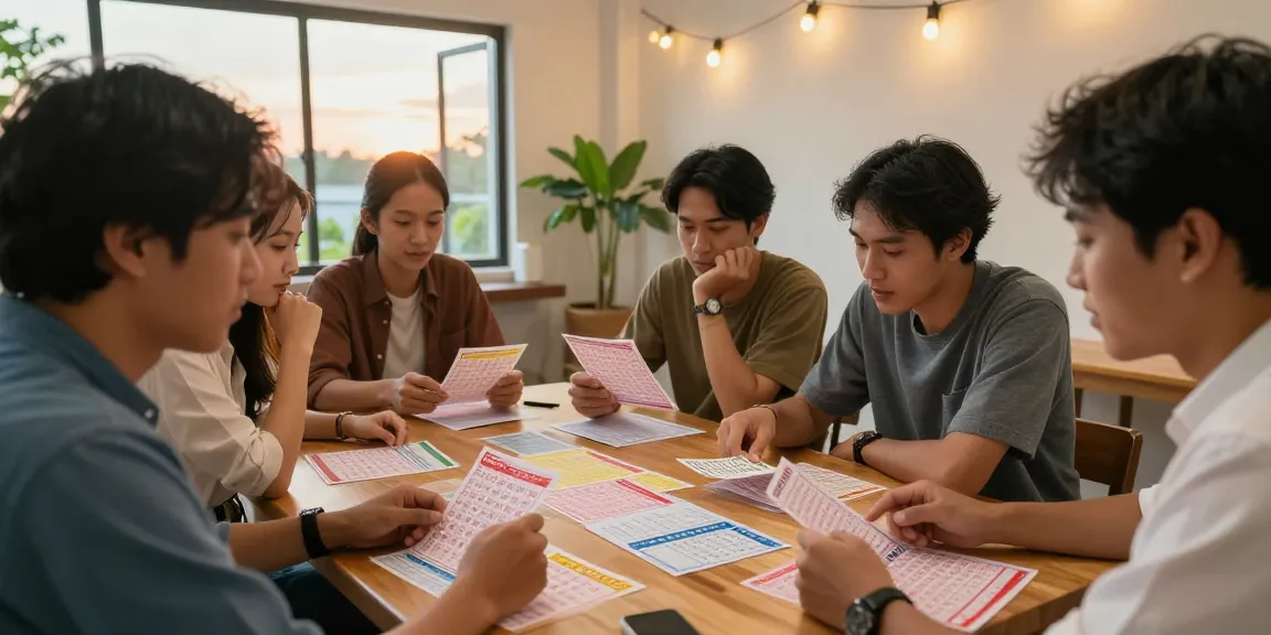 Analisis angka untung di meja dengan tiket togel berwarna dan catatan, suasana hangat dan komunitas.