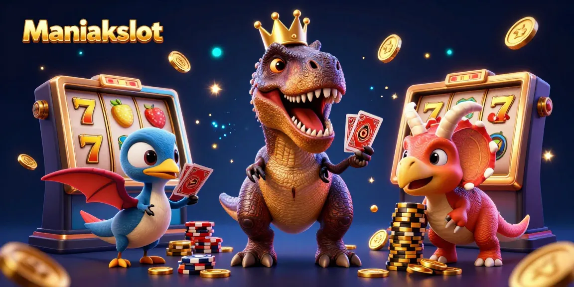 Experience winning moments at Maniakslot with a vibrant 3D illustration of casino characters making big bets.