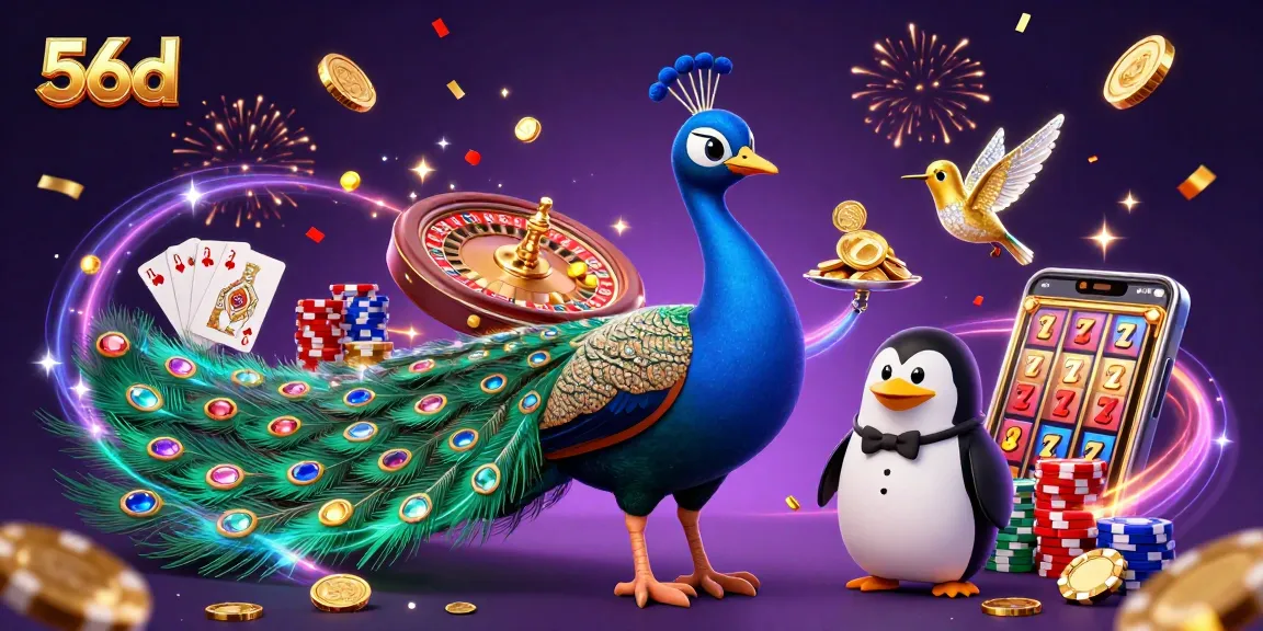 Experience the excitement of 56d with vibrant casino elements and characters in a dynamic 3D illustration.