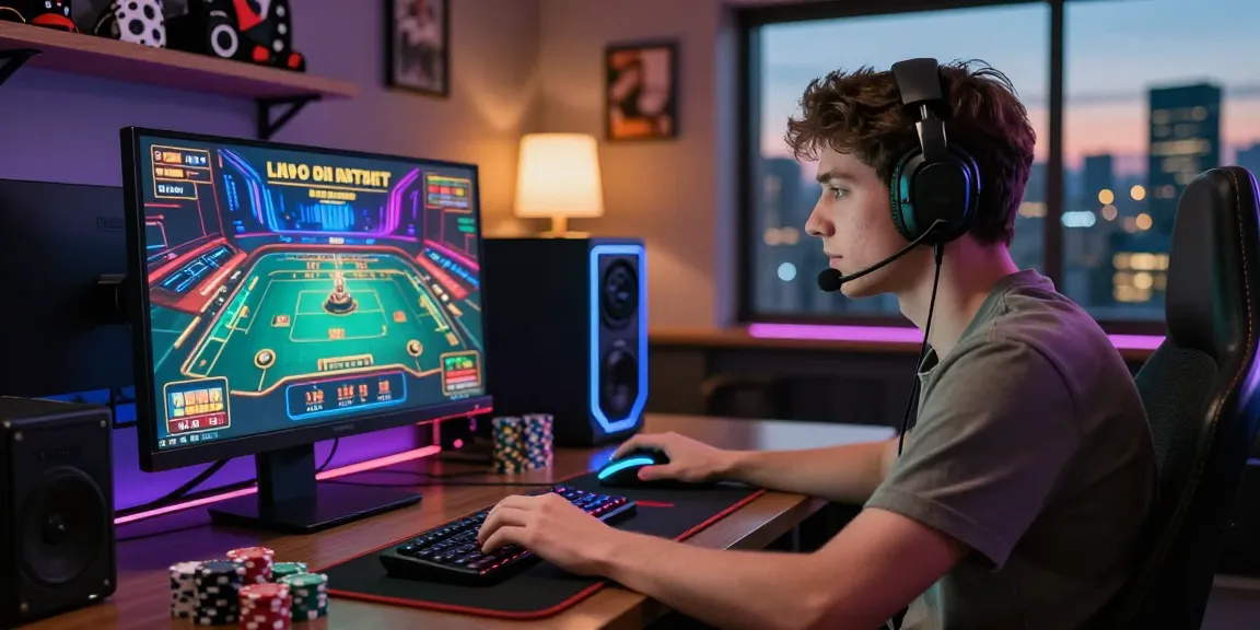 Player engaged in a live casino game with link alternatif raja328, showcasing vibrant gaming accessories and city skyline.